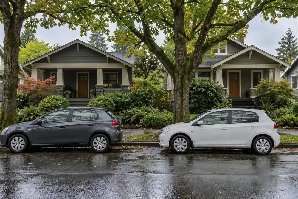Craftsman bungalows with deep porches and mature trees beside a quiet, rain-wet residential street