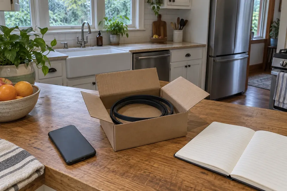 Coiled dryer belt in an open cardboard box beside a phone and notepad on a kitchen counter