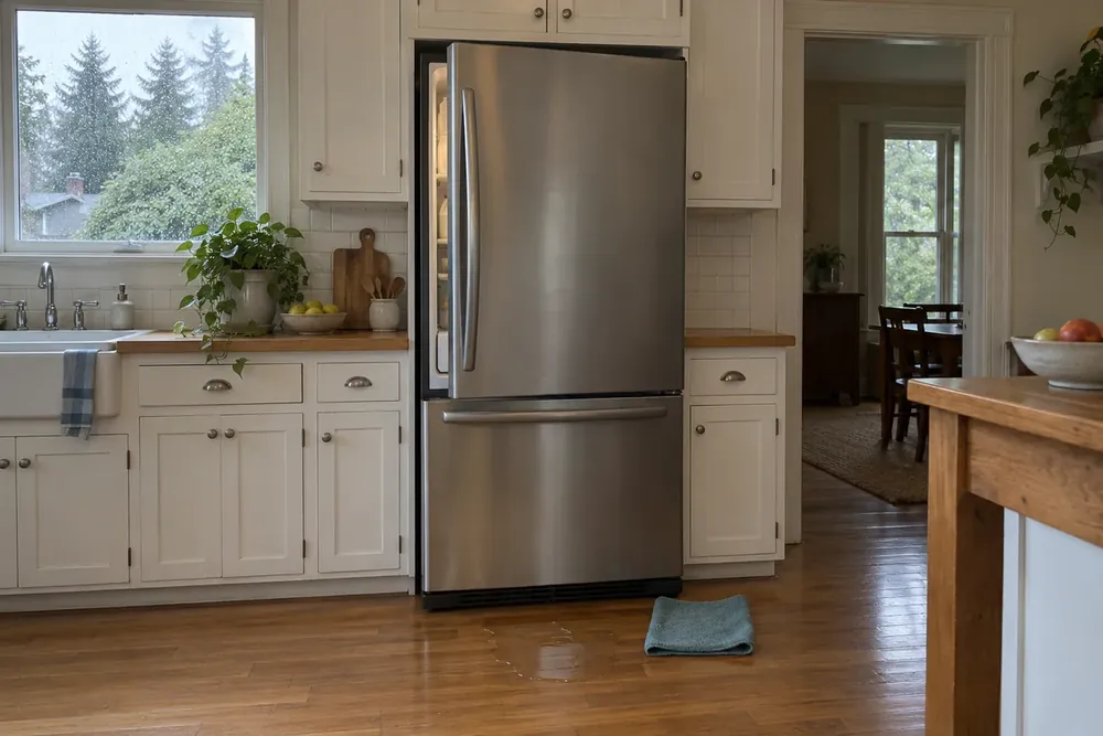 Stainless refrigerator with door ajar, a puddle near its bottom grille and a folded towel beside it