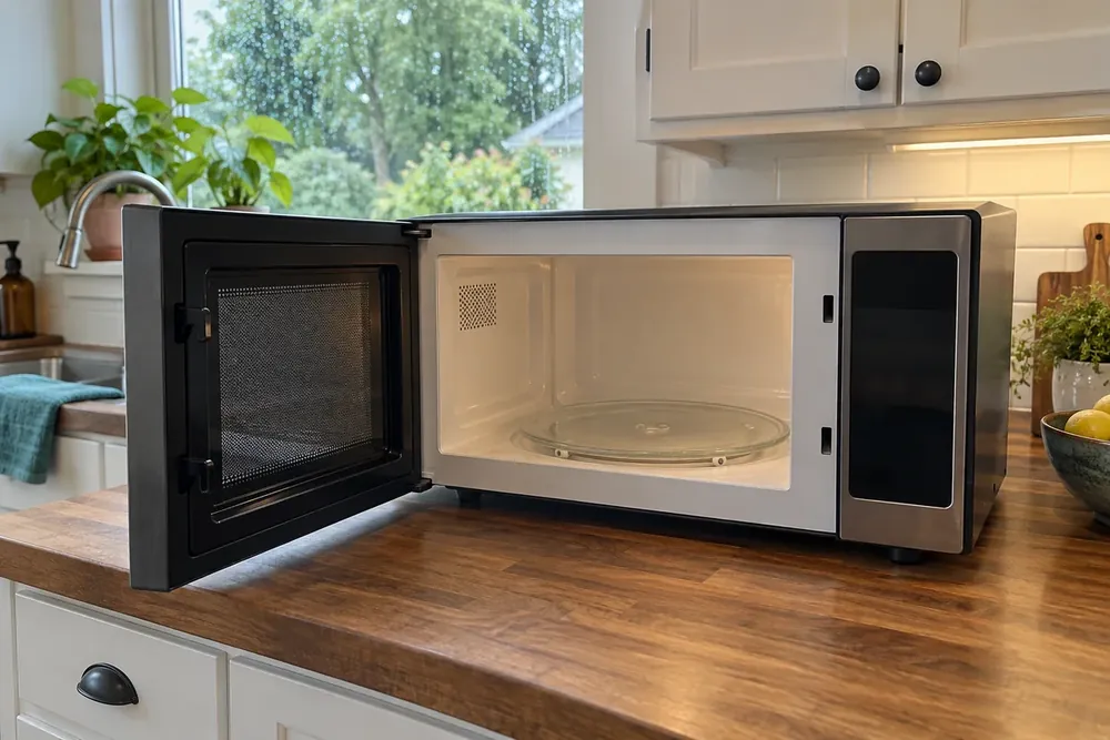 Open countertop microwave with glass turntable on wooden counter, white cabinets and window behind