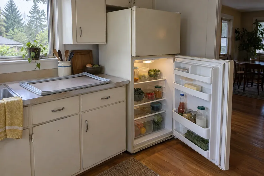 Older white top-freezer refrigerator beside cabinets, fresh-food door open, replacement door gasket on adjacent counter