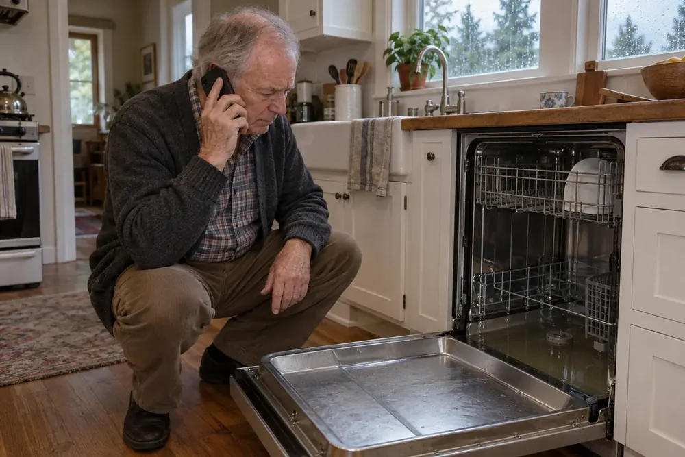 Homeowner holding a phone beside an open dishwasher with cloudy water in the tub.