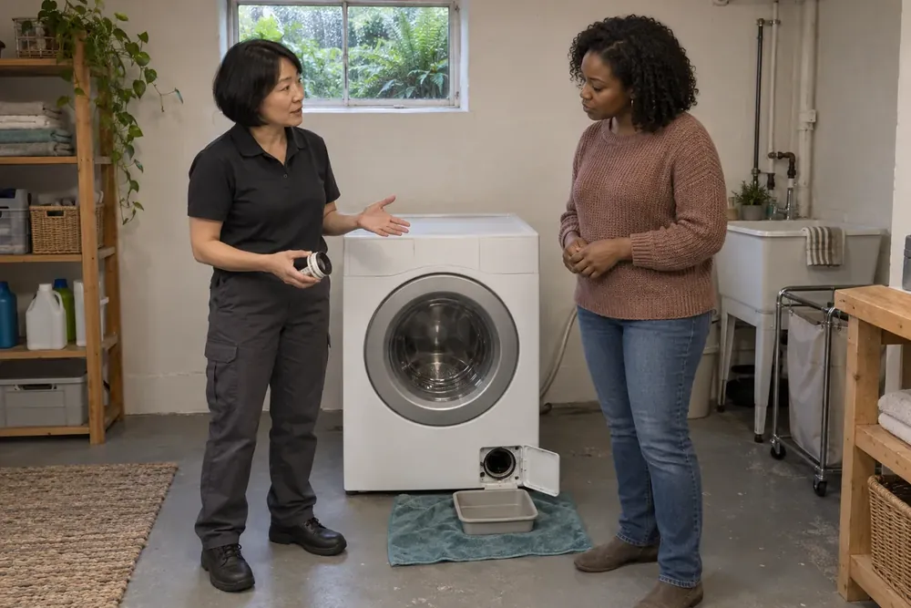 Technician showing a homeowner the round drain-pump filter beside an open front-load washer access door