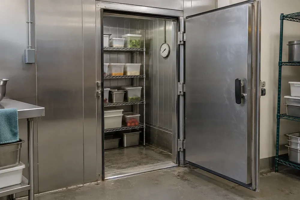 Open stainless walk-in cooler door with a dial thermometer and covered containers on wire shelves