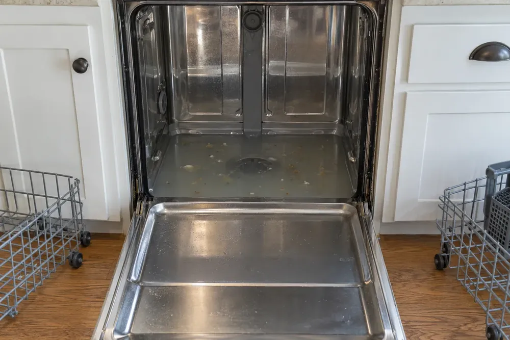 Cloudy water with food bits standing in the bottom of a dishwasher, racks pulled out on the floor