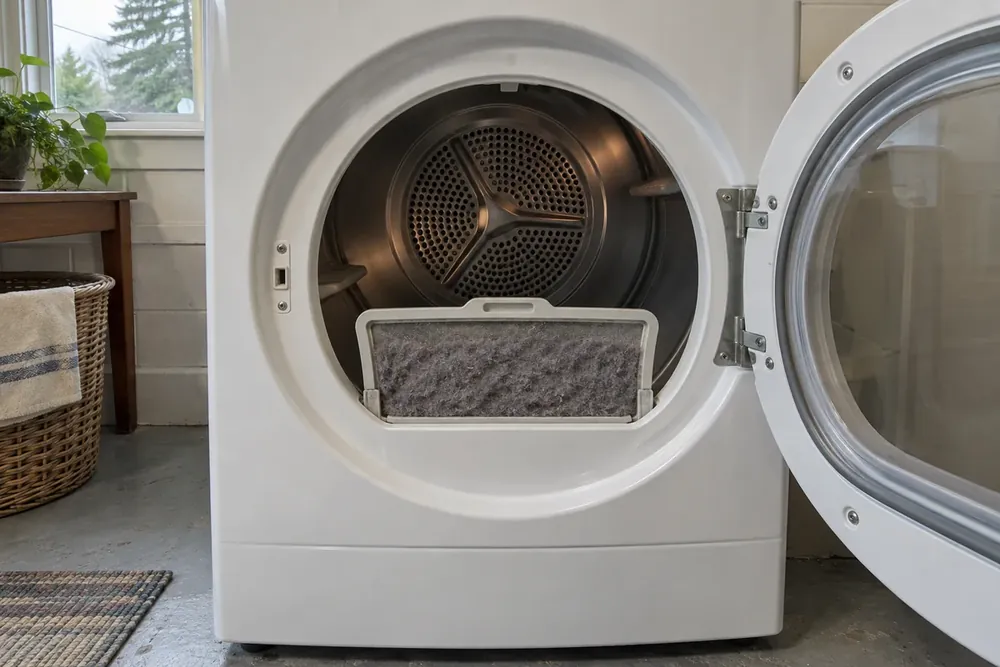 Lint screen partly raised from a dryer door opening, with thick grey lint covering the mesh
