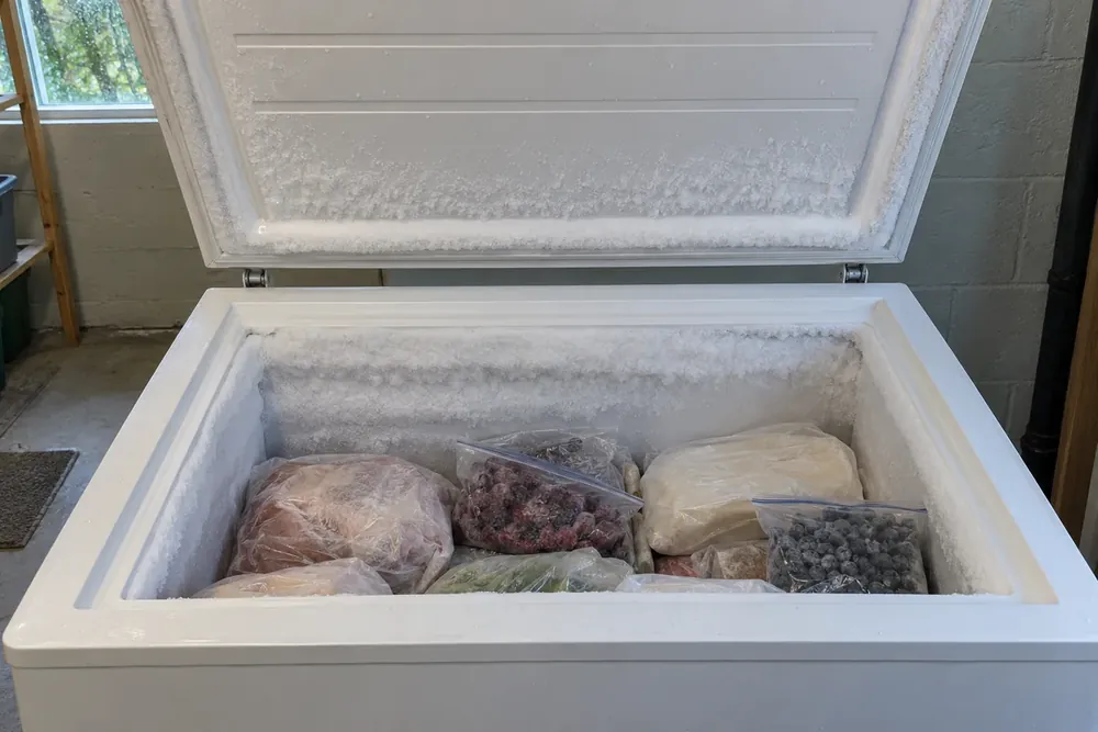 Heavy frost along a chest freezer's inner wall and lid seal above wrapped food