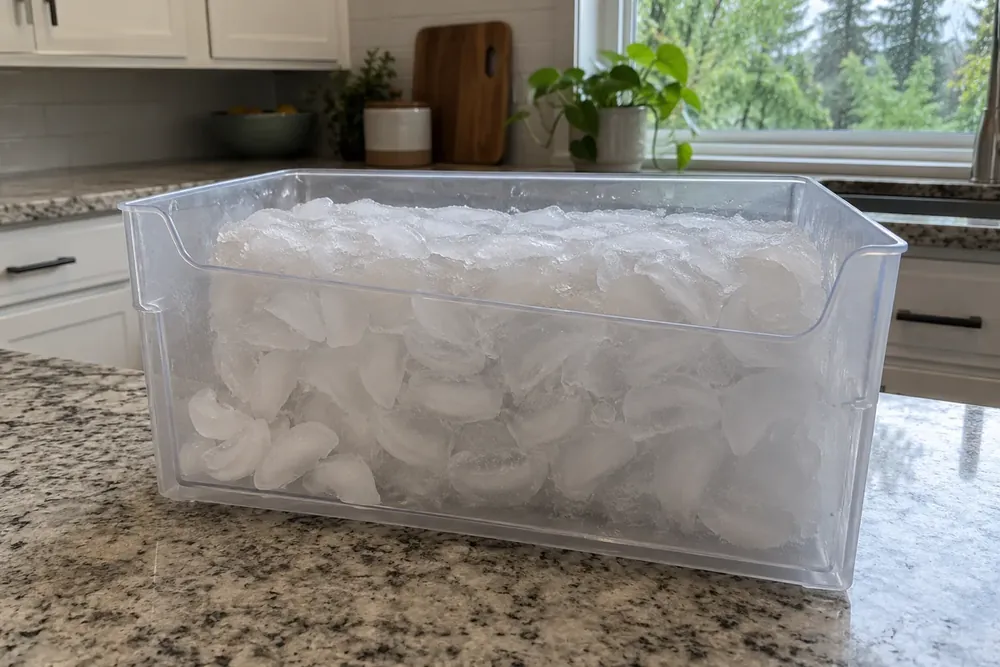 Ice bin on a kitchen counter packed with cubes fused together into one frozen clump