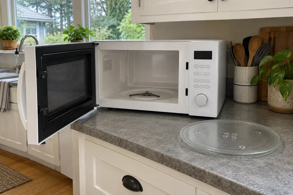Open white countertop microwave with its glass turntable resting on the counter beside it