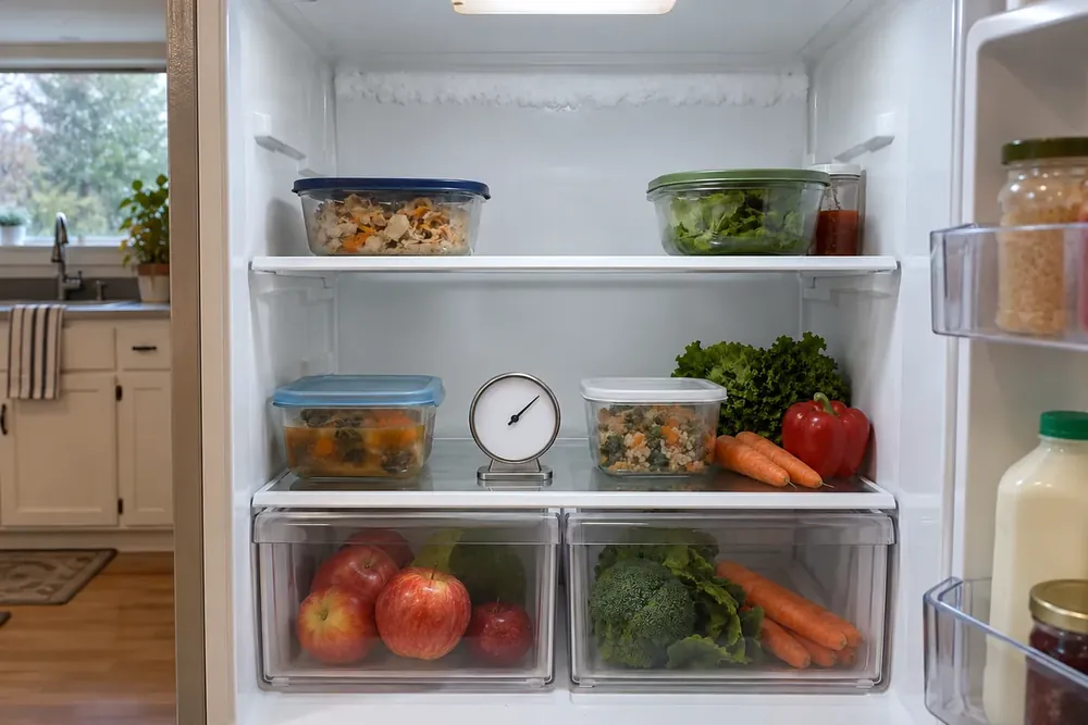 Thin white frost along a refrigerator's back wall above food containers and a shelf thermometer.