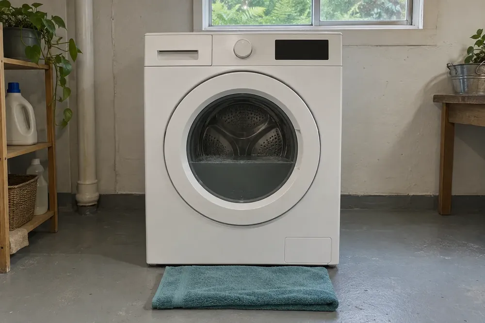 Closed front-load washer with grey water in the drum and a folded towel nearby