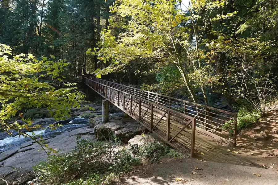 Wooden footbridge over Lacamas Creek among autumn trees on the Lacamas Creek Trail in Camas