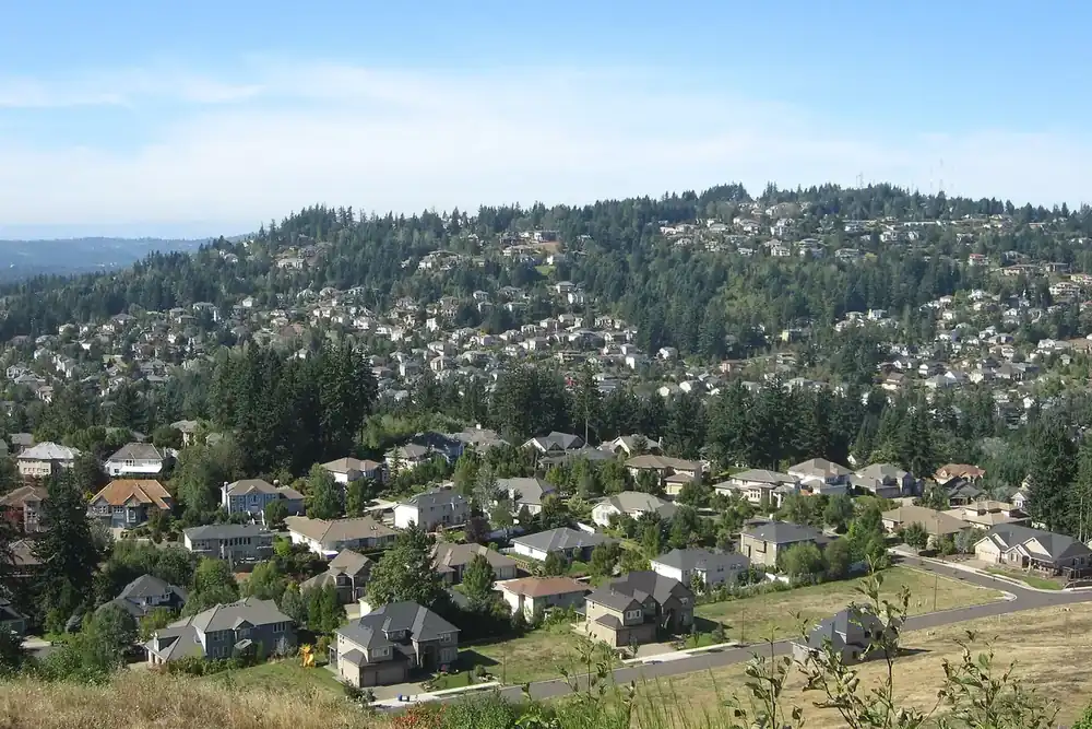 Hillside neighborhoods of Happy Valley, Oregon, below the forested slopes of Mount Scott