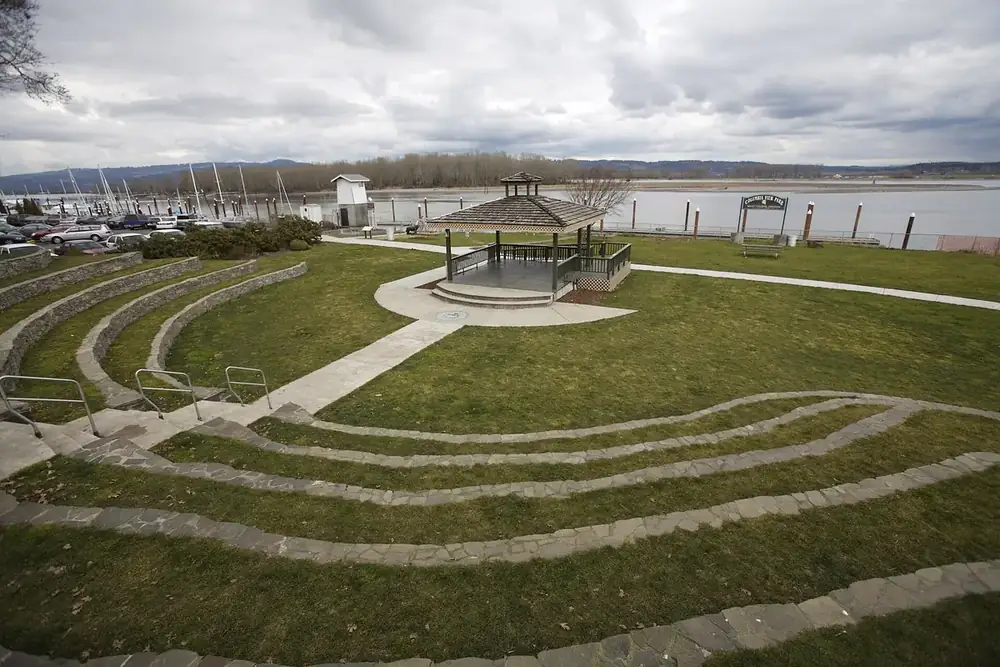 Grass amphitheater and gazebo at Columbia View Park beside the Columbia River in St. Helens