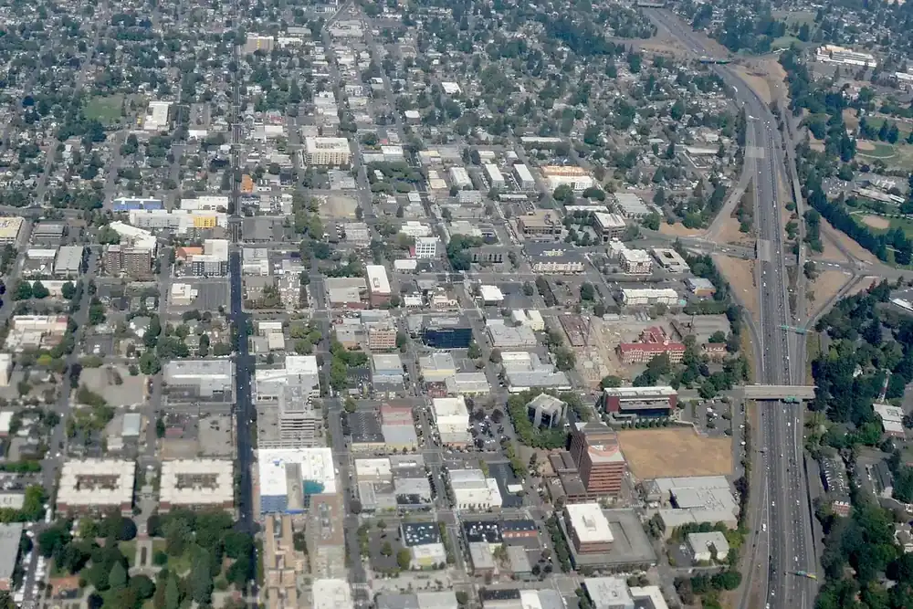Aerial view of downtown Vancouver, Washington, and its street grid beside Interstate 5